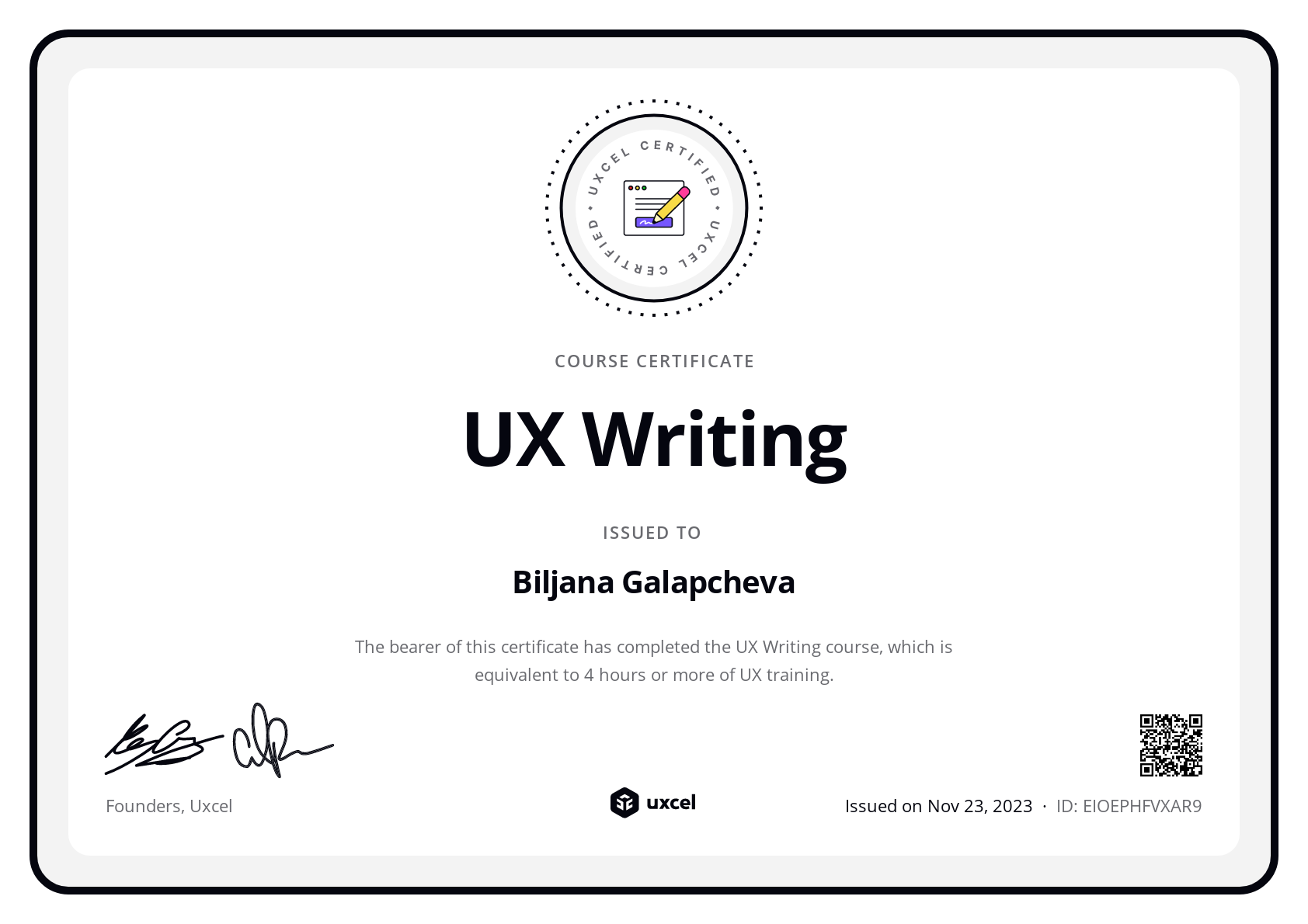 Biljana Galapcheva's certificate